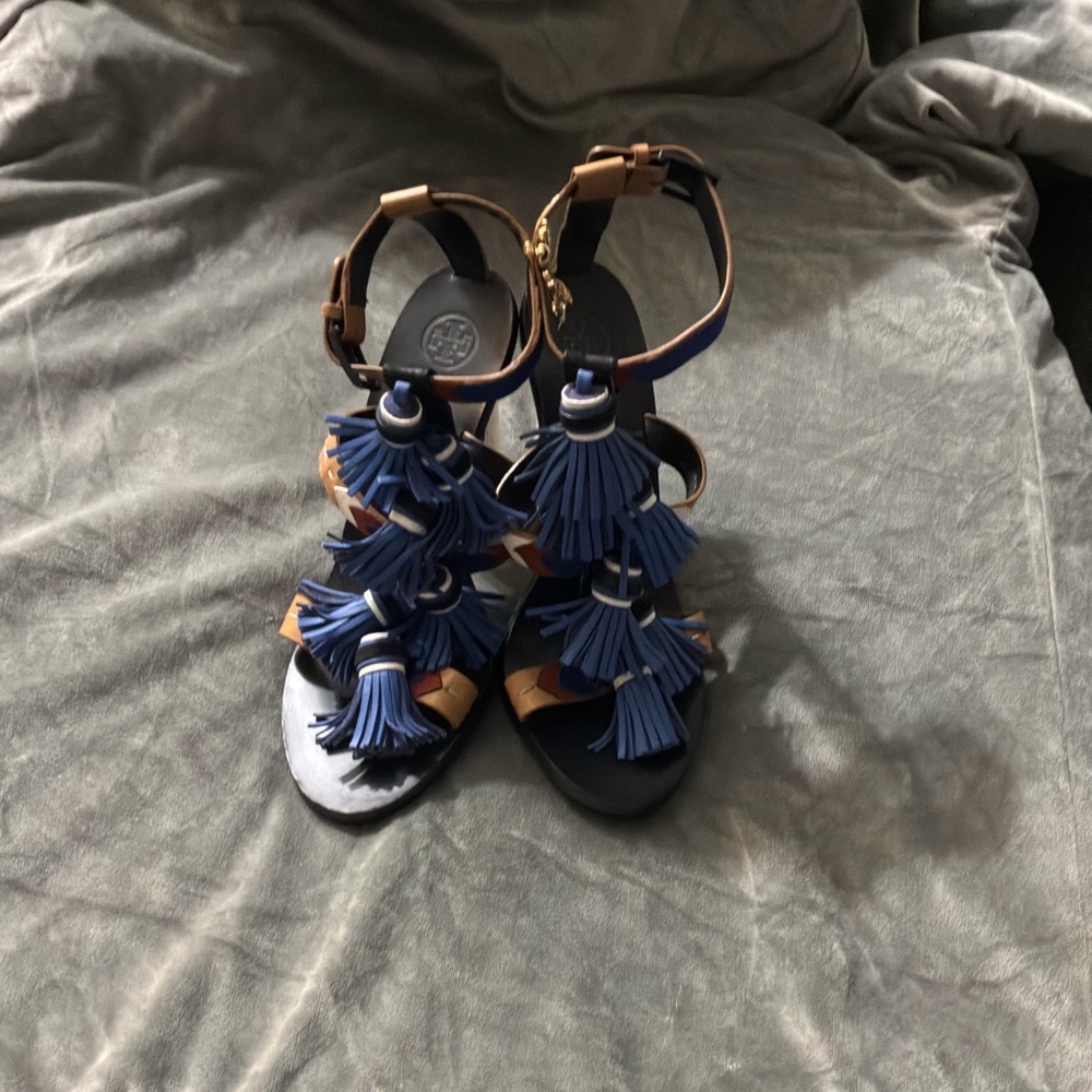 Tory Burch Blue and Tan Heeled Sandals
